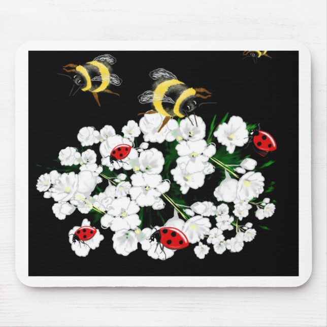 Mousepad Dramáticas Abelhas joaninhas e flores brancas em p (Frente)