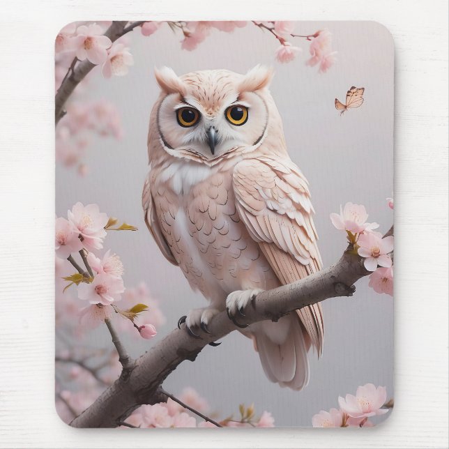 Mousepad Dreamy Pink Cherry Blossoms Owl (Frente)