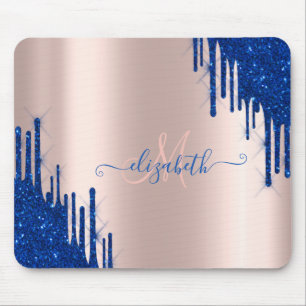 Mousepad Drips de Brilho Azul Moderno Monograma Dourado Ros