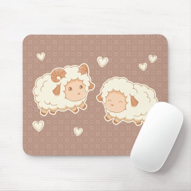 Mousepad Duas Pequenas Ovelhas Bonitas, Ram Ewe, em Castanh (Com mouse)