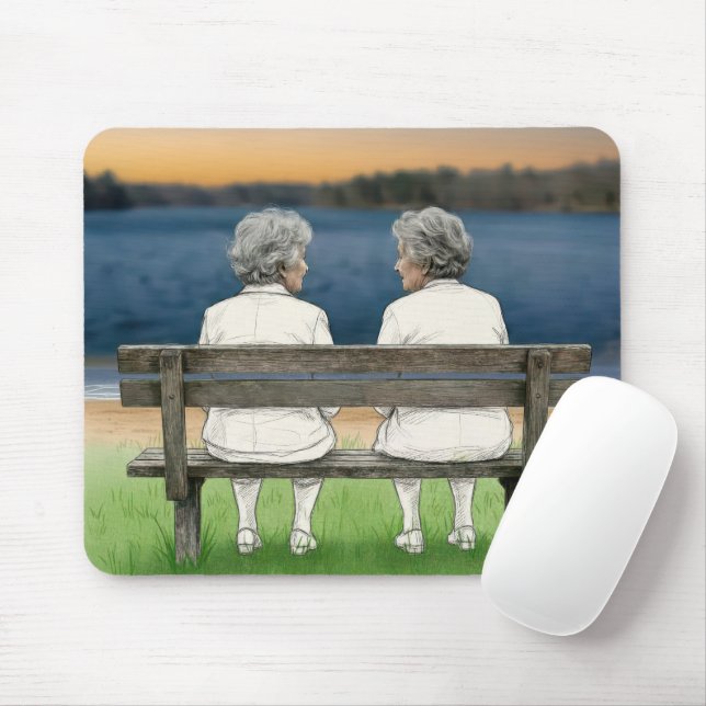 Mousepad Duas Velhas Senhoras Conversando em um Banco (Com mouse)