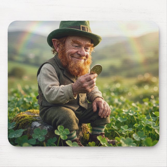 Mousepad Duende Irlandês Admira uma Moeda de Ouro (Frente)