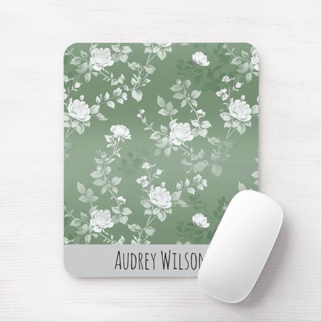 Mousepad Dusty Sage Floral Verde Flor Padrão Verde (Com mouse)