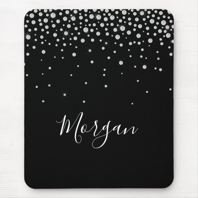 Mousepad DY Name White Script & White Diamantes, Preto (Frente)