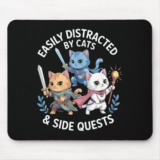 Mousepad Easily Distracted By Cats &amp; Side Quests Funny  (Frente)