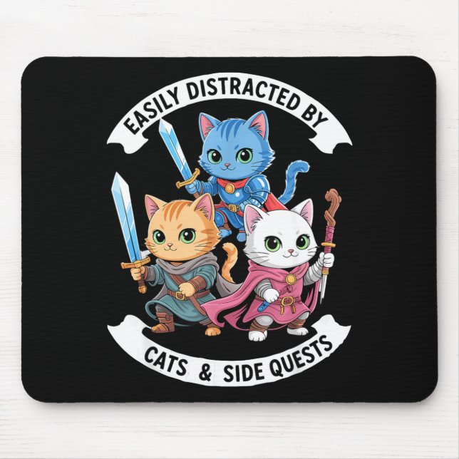 Mousepad Easily Distracted By Cats &amp; Side Quests Funny  (Frente)
