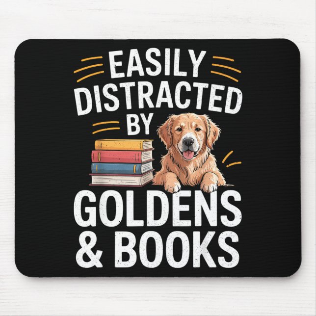 Mousepad Easily Distracted By Goldens &amp; Books - Golden  (Frente)