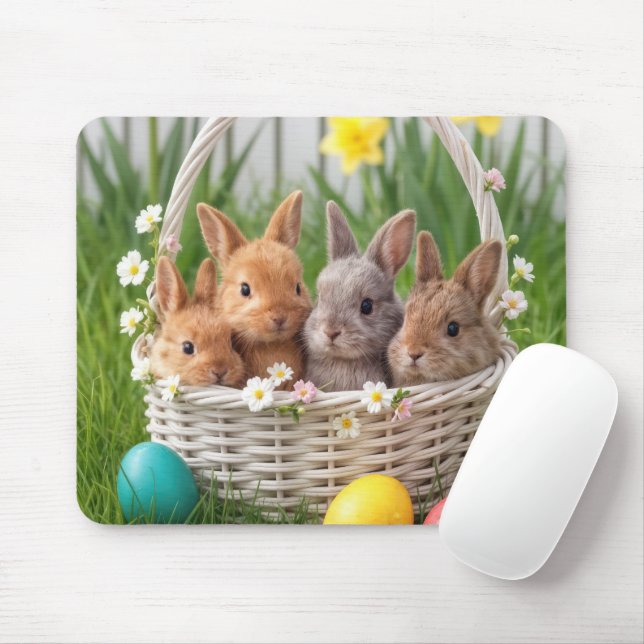 Mousepad Easter Baby Bunnies in a Basket (Com mouse)