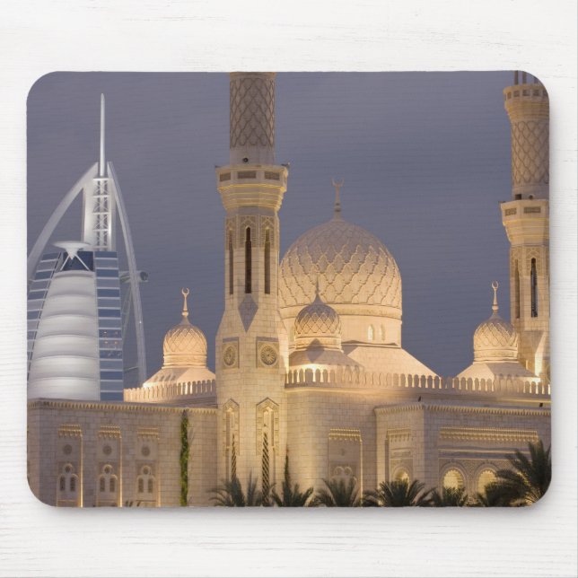 Mousepad EAU, Dubai. Mesquita à noite com Burj al Arab (Frente)