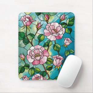 Mousepad Efeito de Vitral Floral Flores Cor-de-Rosa Botânic