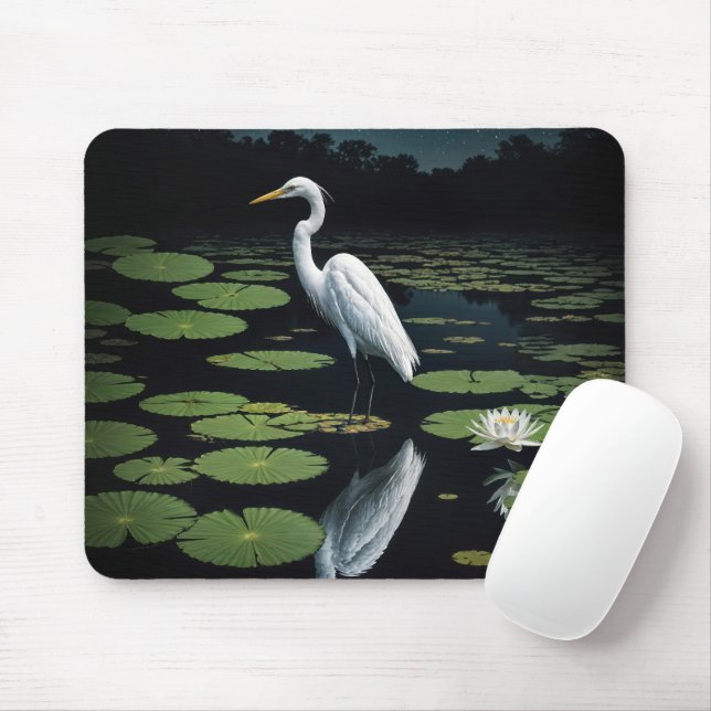 Mousepad Egret Branco Na Lily Pad (Com mouse)