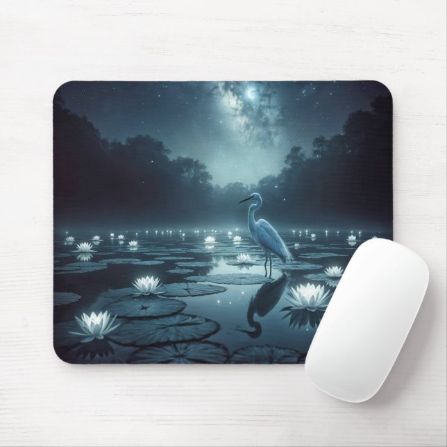 Mousepad Egreta Branca Em Água De Pond Escuro (Com mouse)