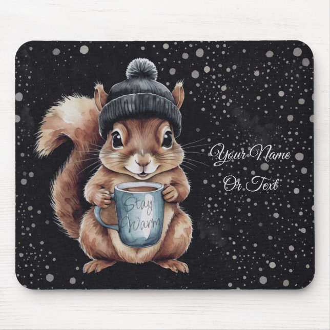 Mousepad Eichhörnchen mit Tasse und Schnee „Stay Warm“ (Frente)