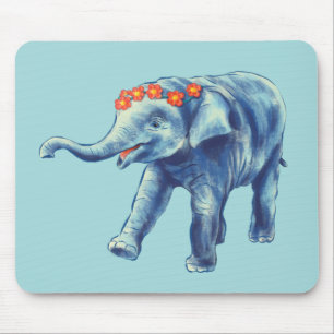 Mousepad Elefante Bonito De Azul Com Corrida De Flores