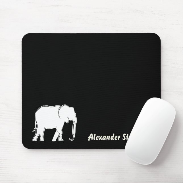 Mousepad Elefante Branco Minimalista Preto Monogramado (Com mouse)