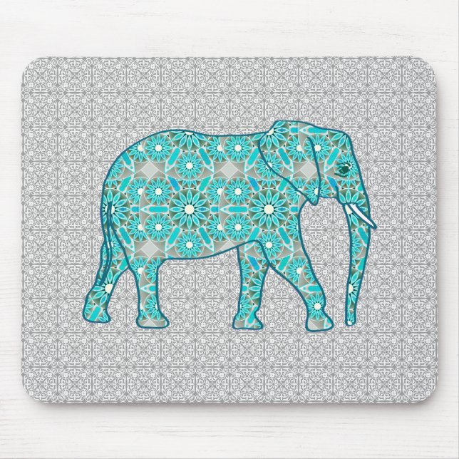 Mousepad Elefante de flor de Mandala - turquesa, cinza e br (Frente)