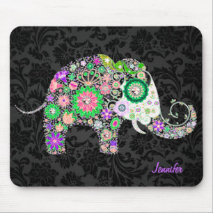 Mousepad Elefante & diamantes florais retros coloridos 3