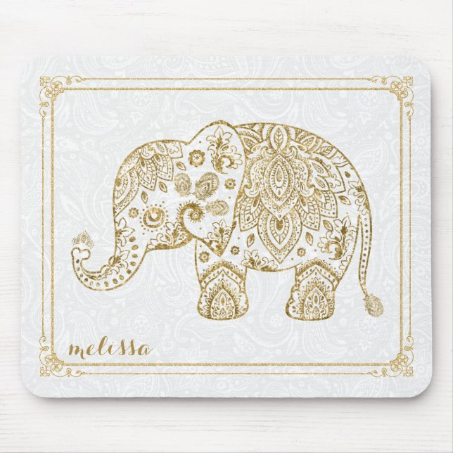 Mousepad Elefante Floral Bonito E Lítima Dourada De Quadro  (Frente)