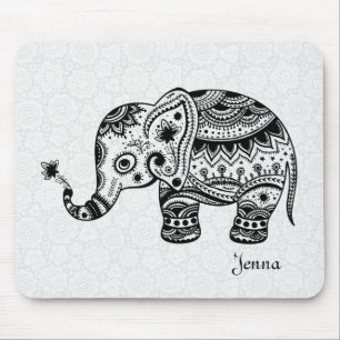 Mousepad Elefante floral bonito no preto