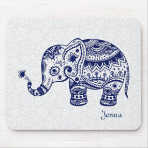 Mousepad Elefante floral bonito nos azuis marinhos