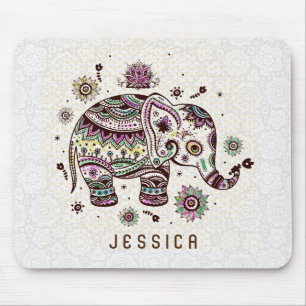 Mousepad Elefante floral retro dos tons Pastel no branco