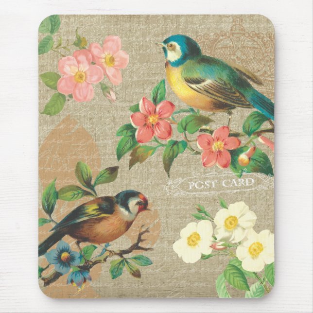 Mousepad Elegância gasto rústica dos pássaros e das flores (Frente)