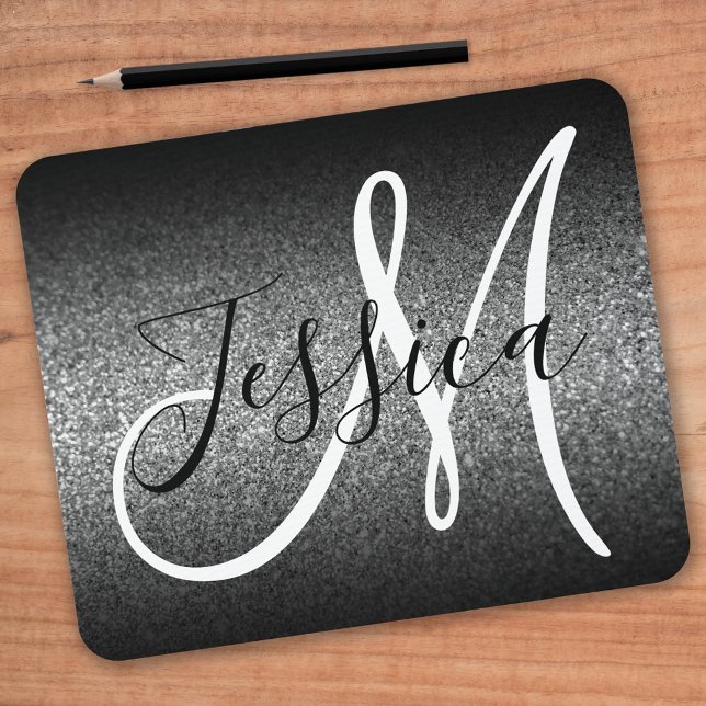 Mousepad Elegant Black Ombre Silver Faux Glitter Monogram (Criador carregado)