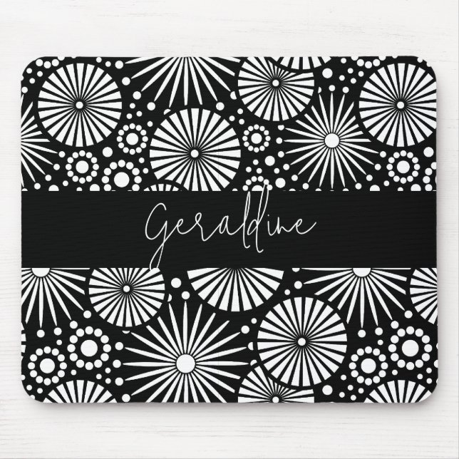 Mousepad Elegant Black White Geometric Starburst Name  (Frente)