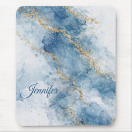 Mousepad Elegant Blue Gold Glitter Abstract Flow           