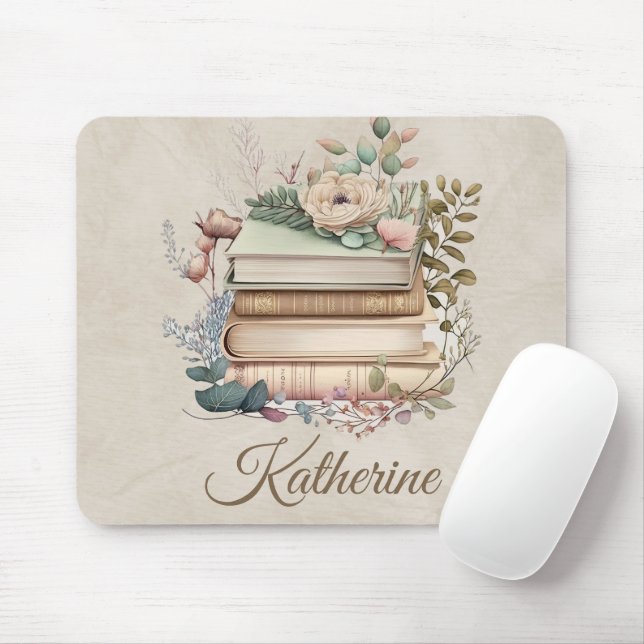 Mousepad Elegant Boho Book Stack Floral  Name (Com mouse)