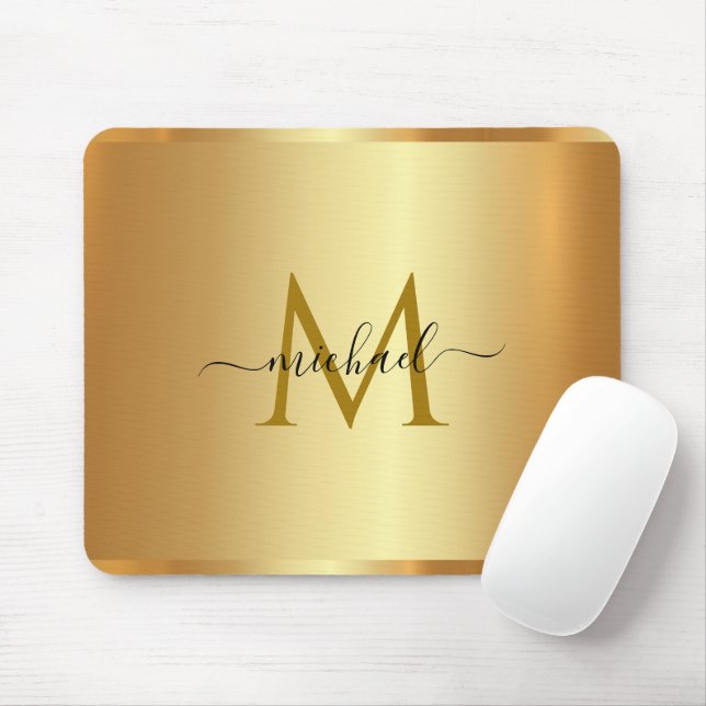 Mousepad Elegant Custom Name Monogram Initial Template Gold (Com mouse)