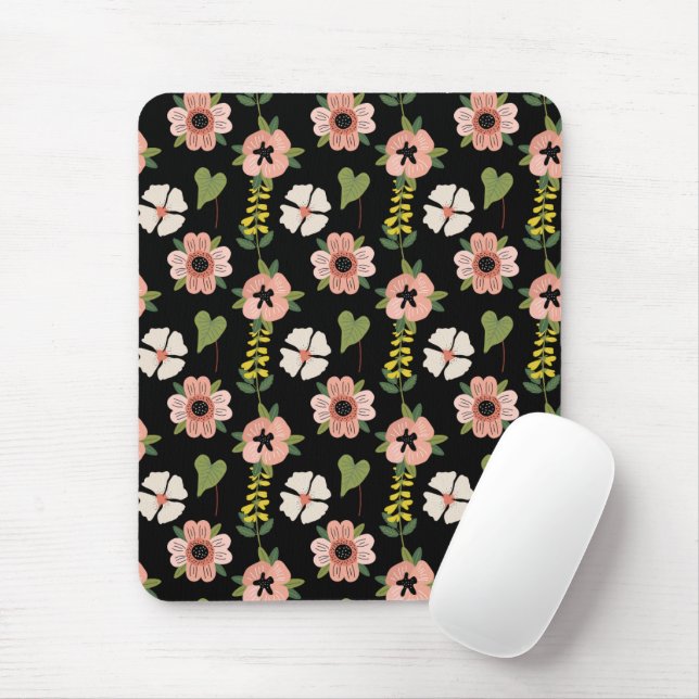 Mousepad Elegant Floral Pattern on Black | Chic Botanical  (Com mouse)