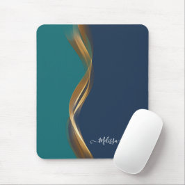Mousepad Elegant Gold Waves Blue Teal with Name