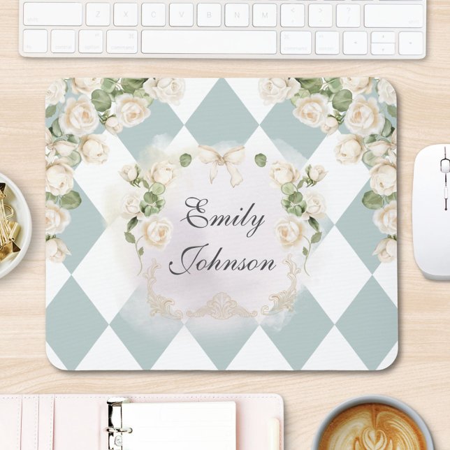 Mousepad Elegant Monogram White Roses Green Leaves Diamond (In situ)