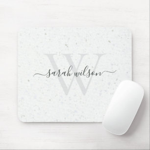 Mousepad Elegant Script Terrazzo Stone Ivory Grey Monogram