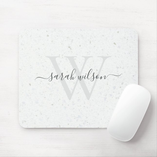 Mousepad Elegant Script Terrazzo Stone Ivory Grey Monogram (Com mouse)