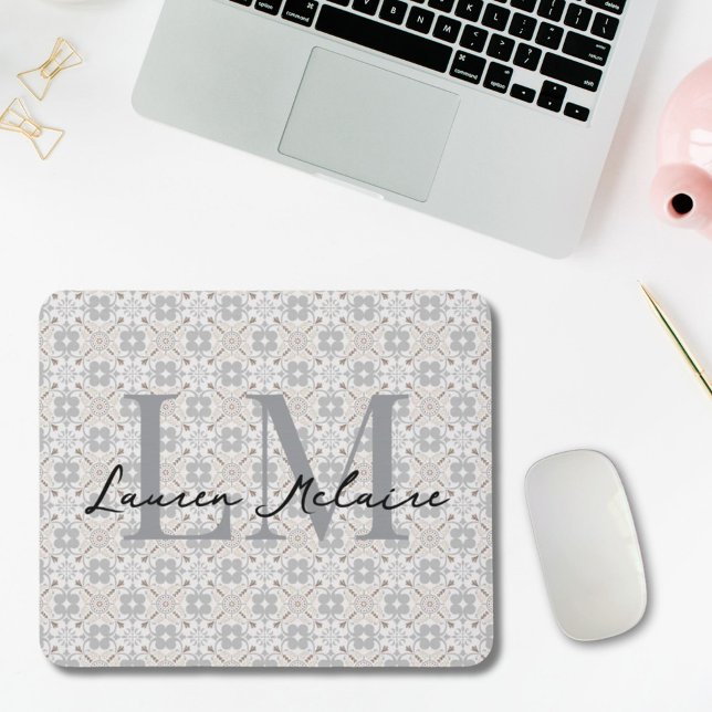 Mousepad Elegant Spanish Tile Monogram Script Name  (mousepad with elegant spanish tile design and custom monogram and script name personalization)