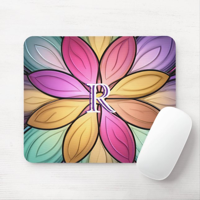Mousepad Elegant Stained‑Glass Floral Monogram Initial (Com mouse)