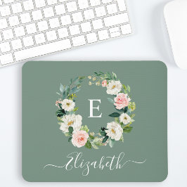 Mousepad Elegant Watercolor Pink Floral Sage Green Monogram