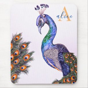 Mousepad Elegante Aquarela Monograma de Peacock Rosa