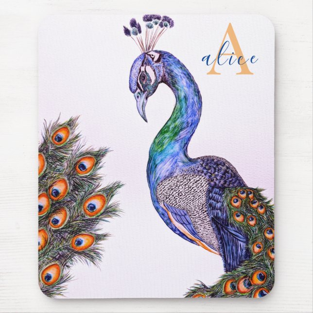 Mousepad Elegante Aquarela Monograma de Peacock Rosa (Frente)