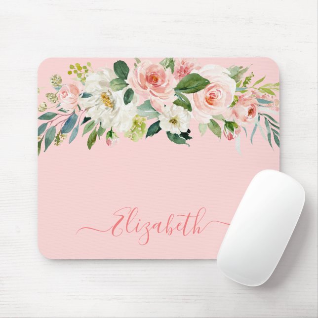 Mousepad Elegante Aquarela Rosa Branco Floral Tendência Scr (Com mouse)