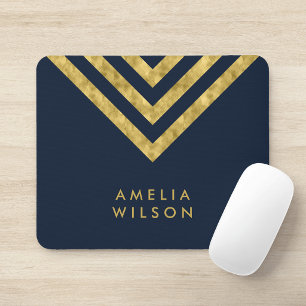 Mousepad Elegante Azul Falso Dourado Nome Chevron Geométric