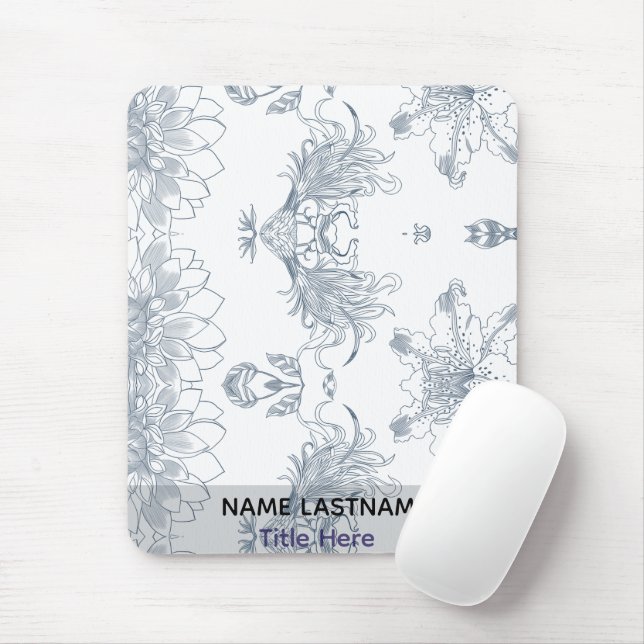 Mousepad Elegante BG branco & flor azul personalizado  (Com mouse)