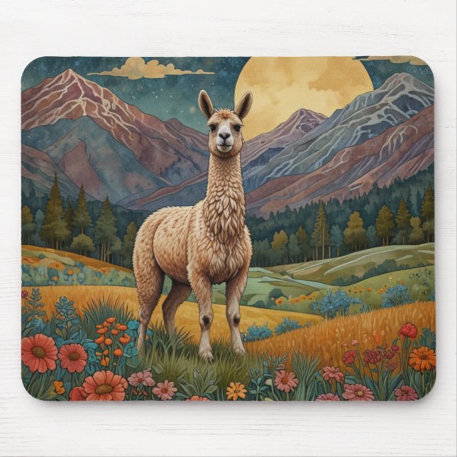 Mousepad Elegante boho lama alpaca paisagem de vintage (Frente)