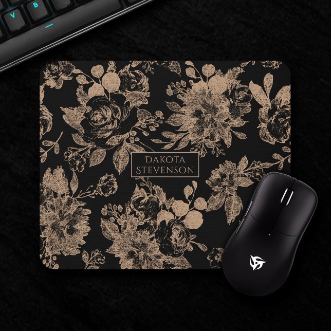 Mousepad Elegante Botânico | Preto e Dourado Floral (Criador carregado)