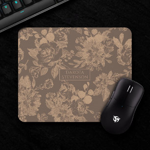 Mousepad Elegante Botânico Rosa de cobre Floral Dourado