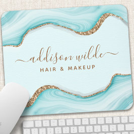 Mousepad Elegante Brilho Dourado Azul Mármore Ágata Moderno