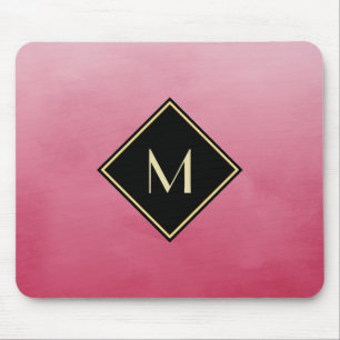 Mousepad Elegante, Bruto, Rosa Com Simples Monograma Dourad