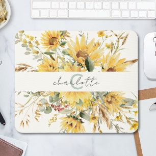 Mousepad Elegante Buquê de Girassóis com Monograma em Aquar